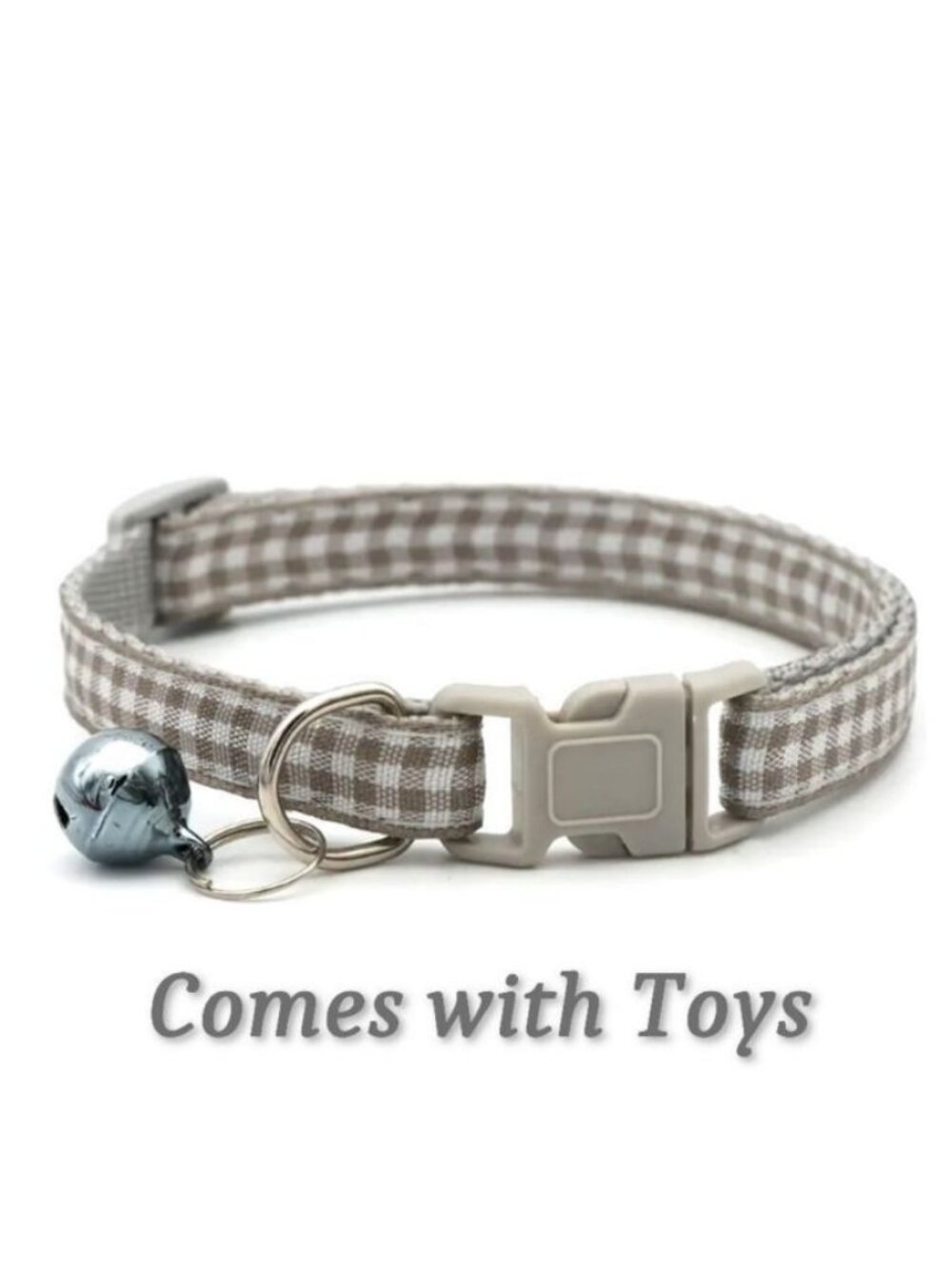 Jamie Jase Khaki Gingham Plaid Bell Accented Cat Collar with Toys Gift Package